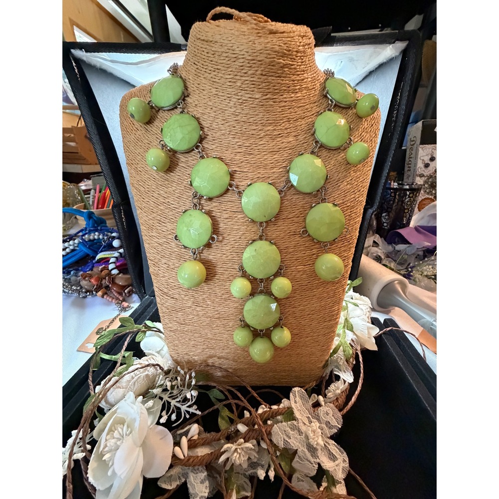 Lime Green 20" Statement Necklace Faceted Beads Silver Tone Bib Y2K Boho